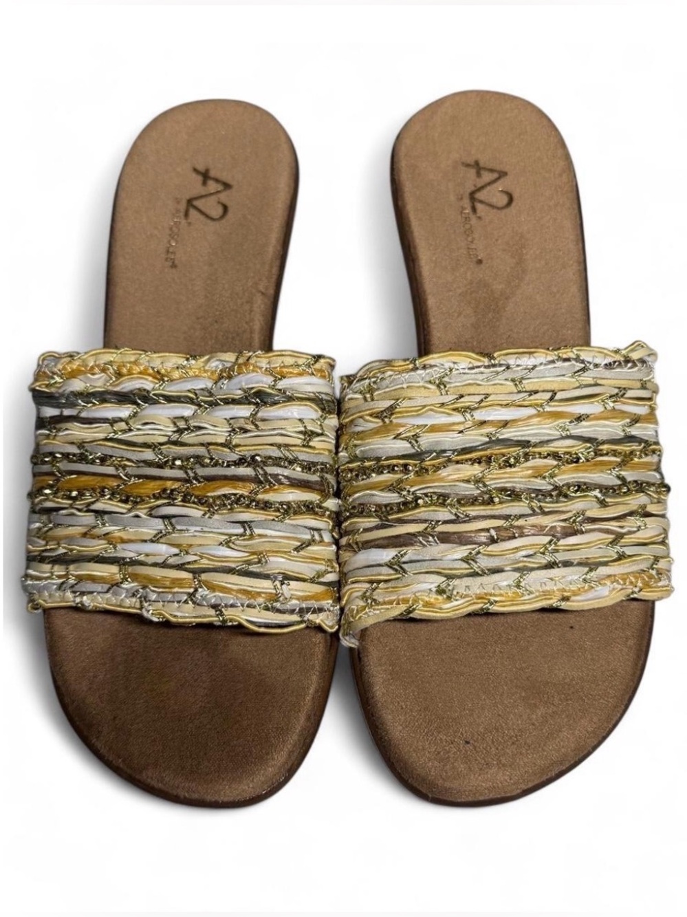 A2 by Aerosoles Metallic Gold Brown Woven Braided Say Yes Wedge Slide Sandals 7